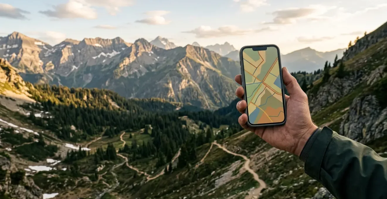 Voyageur consultant plusieurs applications mobiles de navigation et outils de voyage sur son smartphone dans un environnement naturel sans connexion