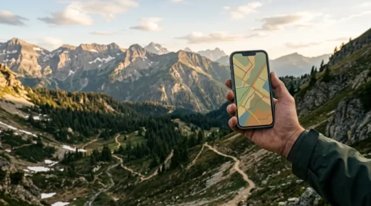Voyageur consultant plusieurs applications mobiles de navigation et outils de voyage sur son smartphone dans un environnement naturel sans connexion