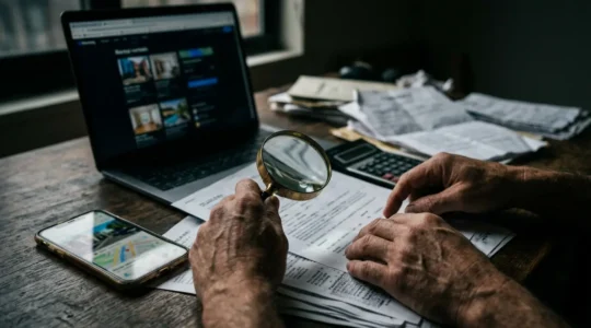 Écran d'ordinateur avec annonces de location floues et mains tenant documents avec loupe pour vérification