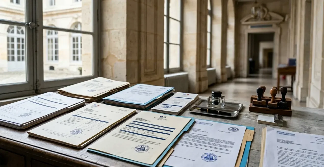 Documents administratifs et formulaires posés sur un bureau de mairie français, avec un tampon officiel visible