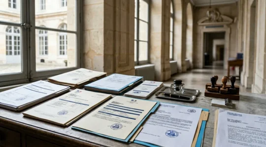 Documents administratifs et formulaires posés sur un bureau de mairie français, avec un tampon officiel visible