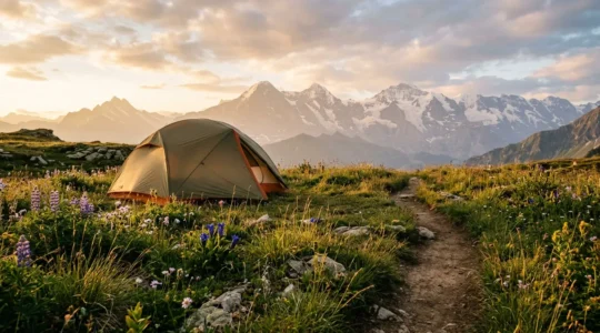 Tente de bivouac dans un parc national français au crépuscule avec vue sur les sommets alpins