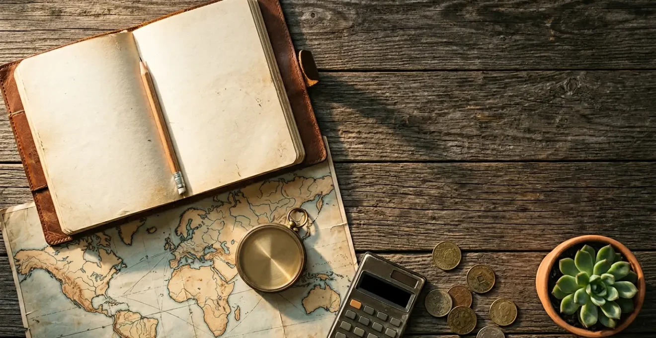 Planification du budget vacances avec calculatrice, carnet de notes et carte de voyage sur une table en bois