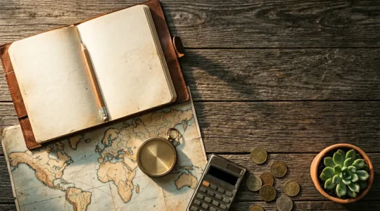 Planification du budget vacances avec calculatrice, carnet de notes et carte de voyage sur une table en bois