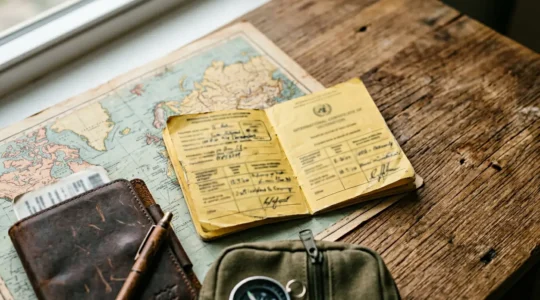 Carnet de vaccination international jaune ouvert sur une table avec cartes du monde et trousse médicale de voyage