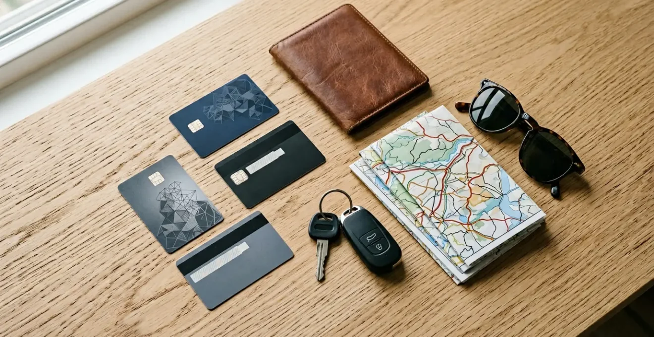 Vue plongeante d'une table avec documents de voyage, cartes bancaires et clés de voiture disposés de manière artistique