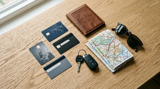 Vue plongeante d'une table avec documents de voyage, cartes bancaires et clés de voiture disposés de manière artistique