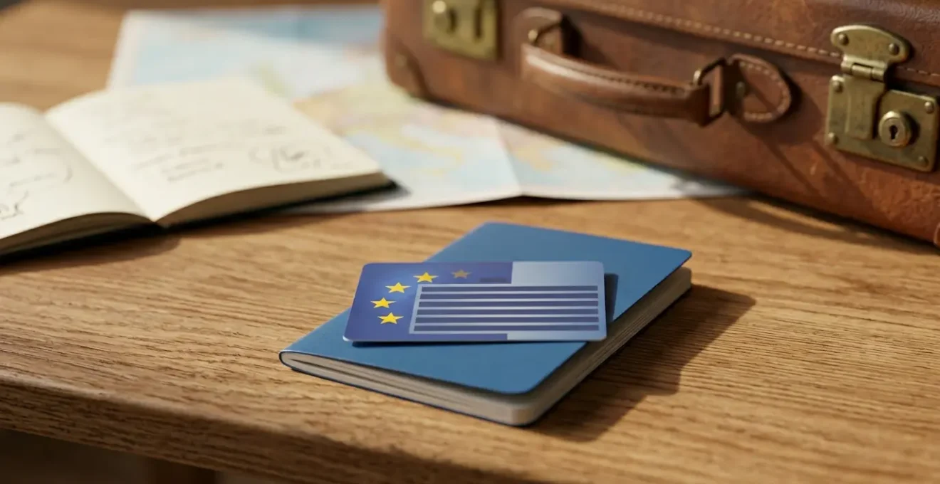 Une carte européenne d'assurance maladie posée sur un passeport avec une valise à côté, symbolisant la préparation au voyage