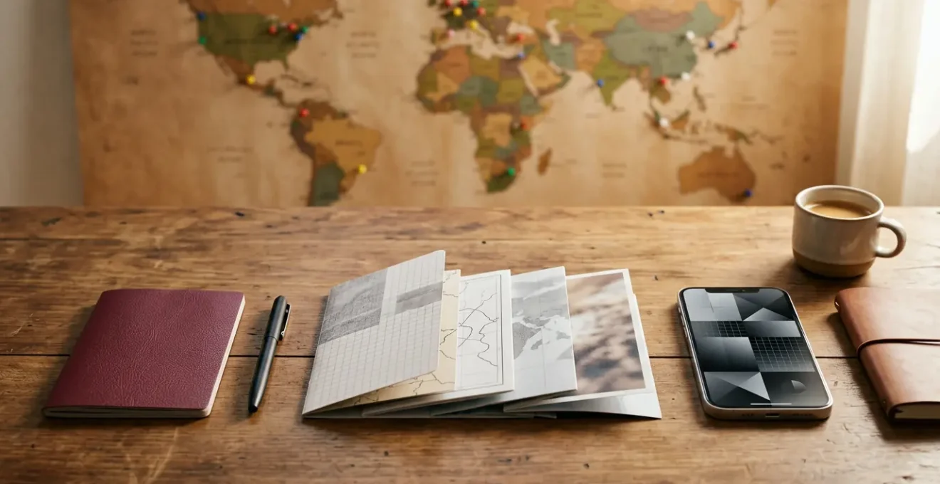 Bureau organisé avec passeport, documents de voyage et smartphone affichant une checklist numérique