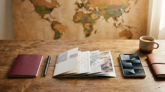 Bureau organisé avec passeport, documents de voyage et smartphone affichant une checklist numérique