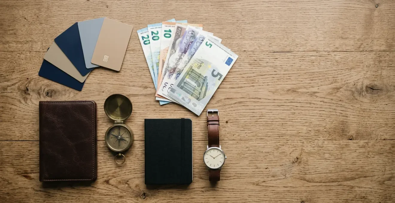 Vue d'ensemble d'une table de préparation voyage avec cartes bancaires, billets étrangers et documents de voyage organisés méthodiquement