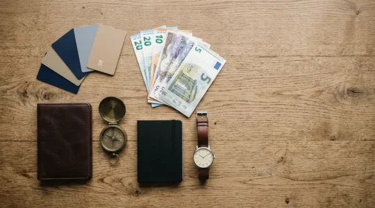 Vue d'ensemble d'une table de préparation voyage avec cartes bancaires, billets étrangers et documents de voyage organisés méthodiquement