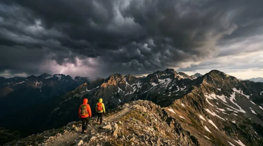 Randonneurs en montagne observant l'arrivée d'un ciel orageux menaçant