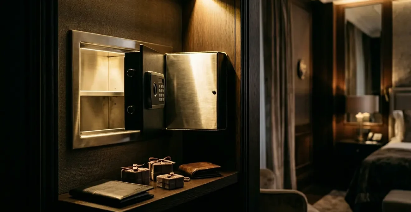 Coffre-fort ouvert dans une chambre d'hôtel luxueuse avec bijoux et documents visibles