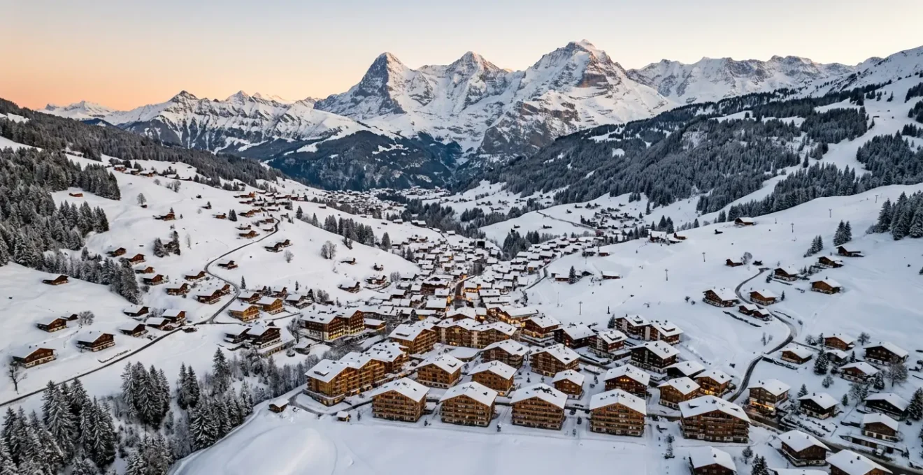 Vue panoramique d'une station de ski avec résidences touristiques et chalets de montagne sous la neige