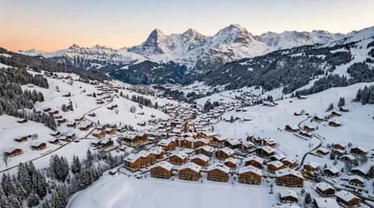Vue panoramique d'une station de ski avec résidences touristiques et chalets de montagne sous la neige