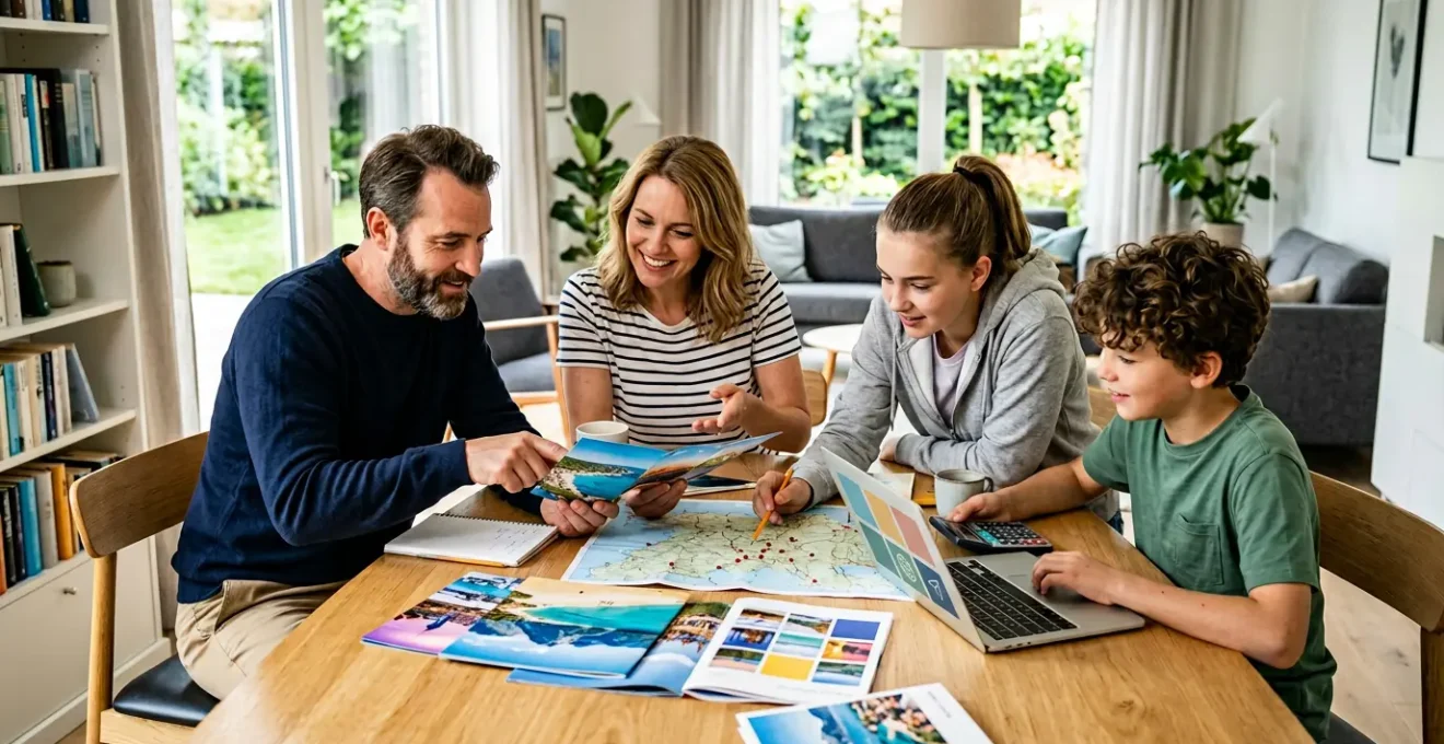 Famille de quatre personnes comparant des options d'hébergement sur une table avec calculatrice et brochures