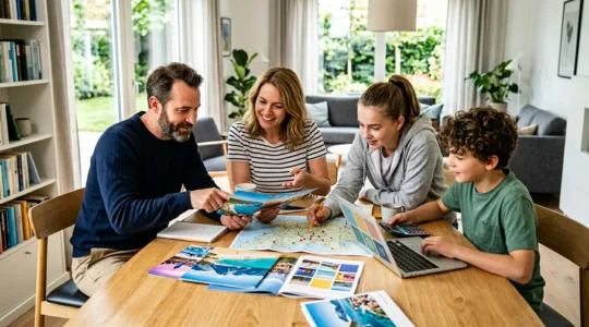 Famille de quatre personnes comparant des options d'hébergement sur une table avec calculatrice et brochures