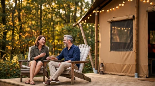 Couple souriant devant une tente safari de glamping dans une forêt avec lumières douces au crépuscule
