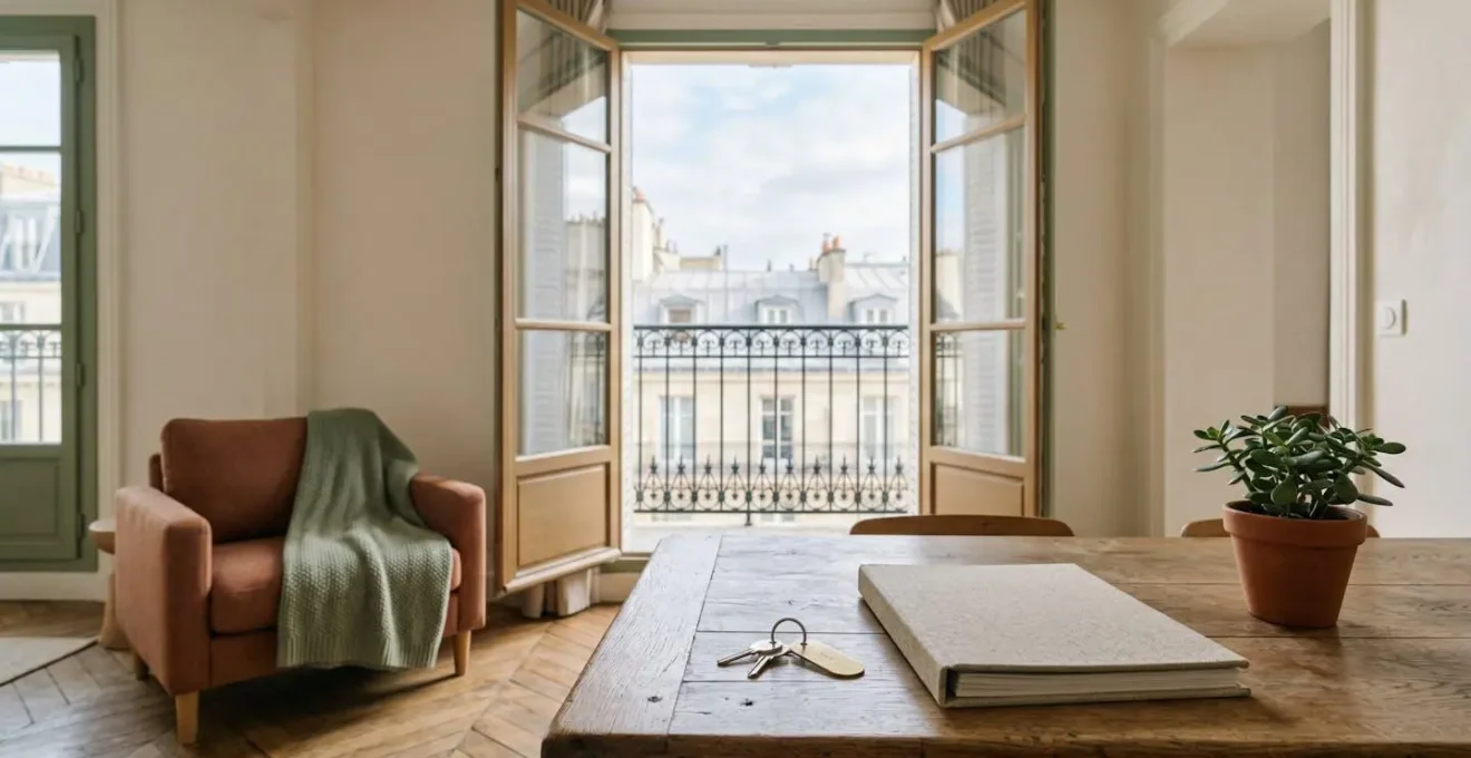 Intérieur moderne d'appartement de location saisonnière avec documents et clés sur table en bois