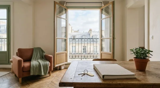 Intérieur moderne d'appartement de location saisonnière avec documents et clés sur table en bois