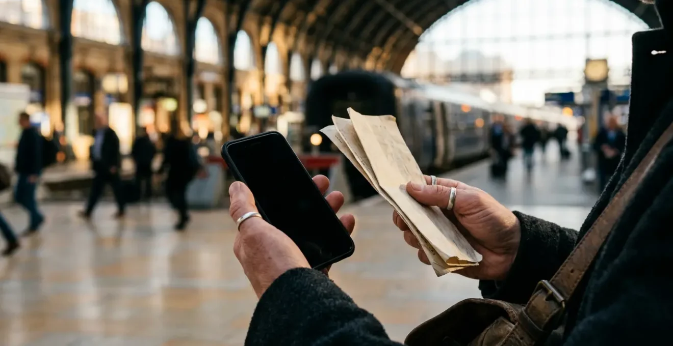 Voyageur en gare tenant simultanément smartphone éteint et documents imprimés