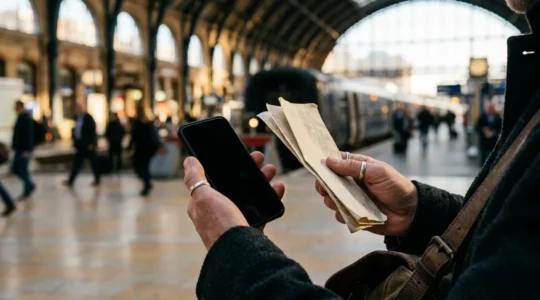 Voyageur en gare tenant simultanément smartphone éteint et documents imprimés