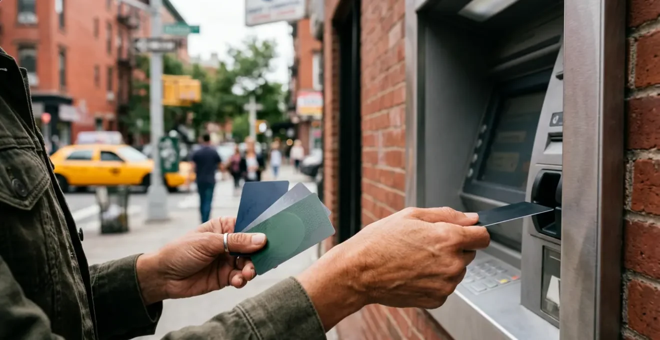 Voyageur consultant ses cartes bancaires devant un distributeur automatique aux États-Unis