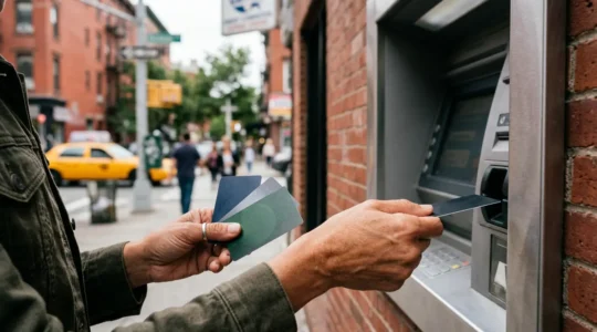 Voyageur consultant ses cartes bancaires devant un distributeur automatique aux États-Unis