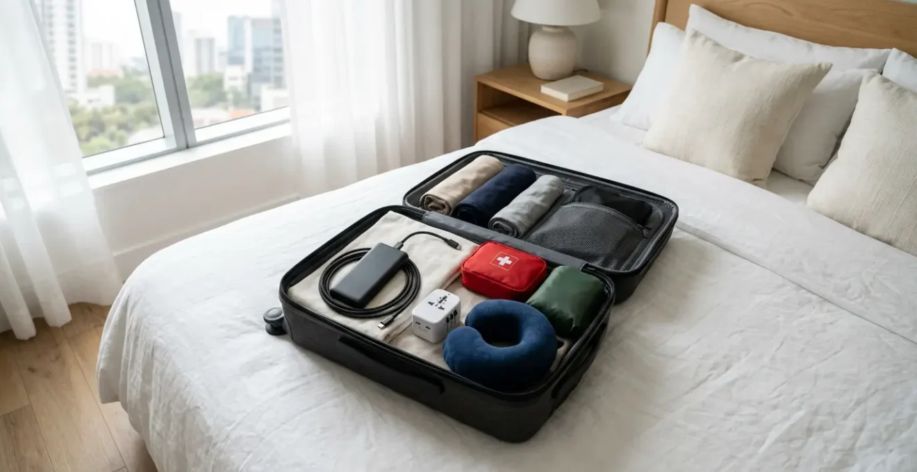 Équipement de voyage essentiel posé sur une valise ouverte dans une chambre d'hôtel lumineuse