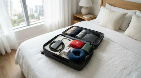 Équipement de voyage essentiel posé sur une valise ouverte dans une chambre d'hôtel lumineuse