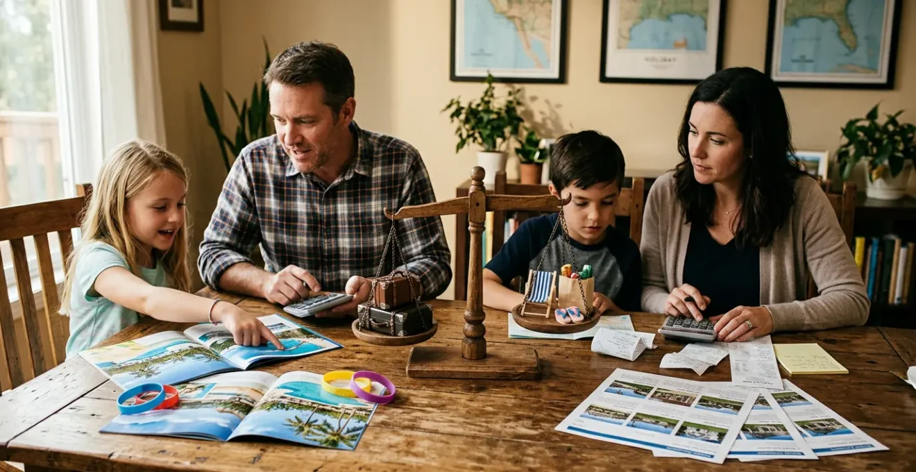 Famille analysant les coûts de vacances sur une table avec cartes et calculatrice