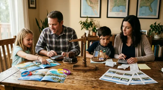 Famille analysant les coûts de vacances sur une table avec cartes et calculatrice
