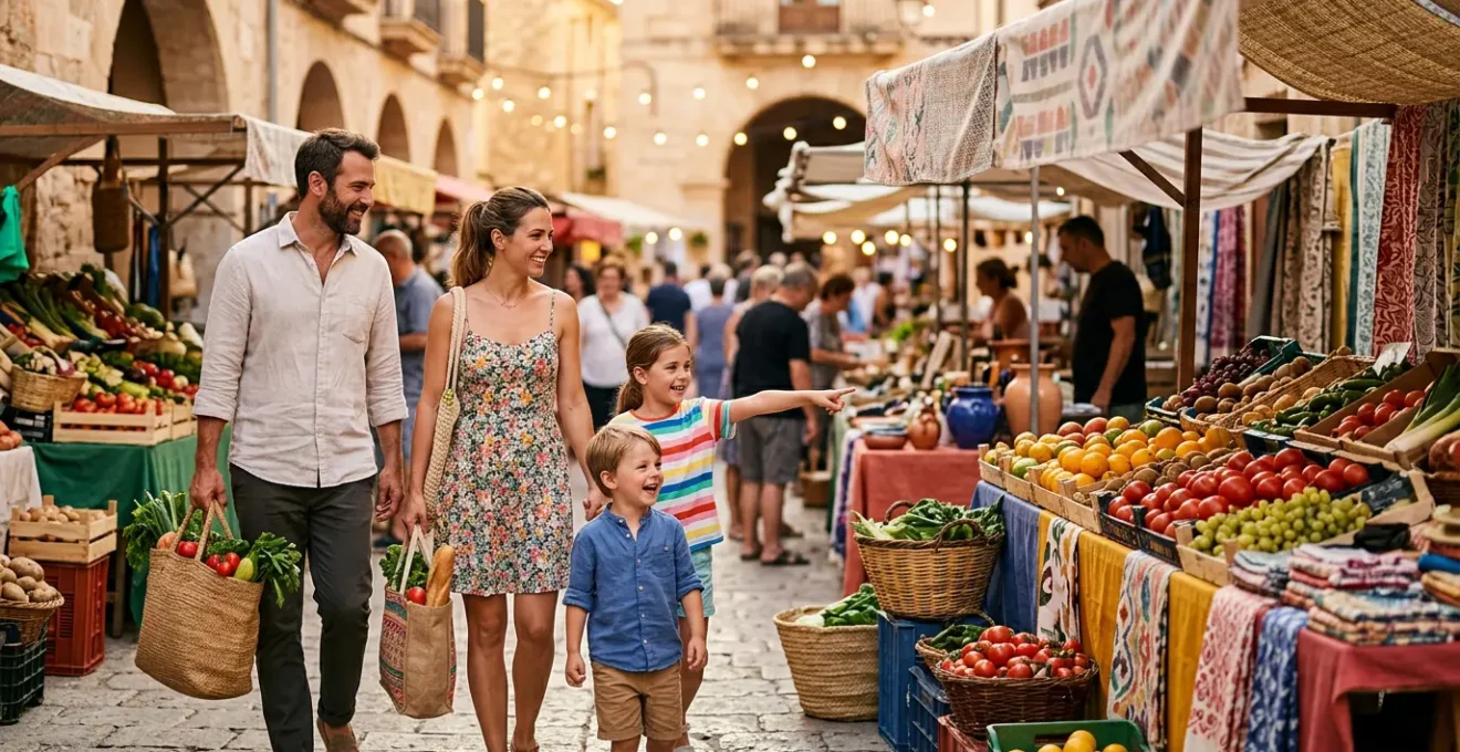 Famille heureuse découvrant un marché local lors de vacances économiques