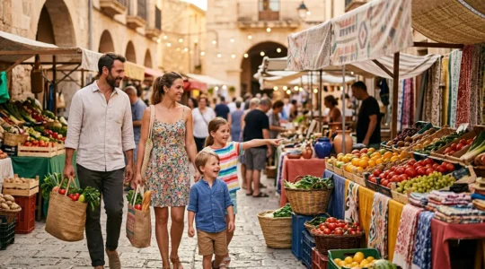 Famille heureuse découvrant un marché local lors de vacances économiques