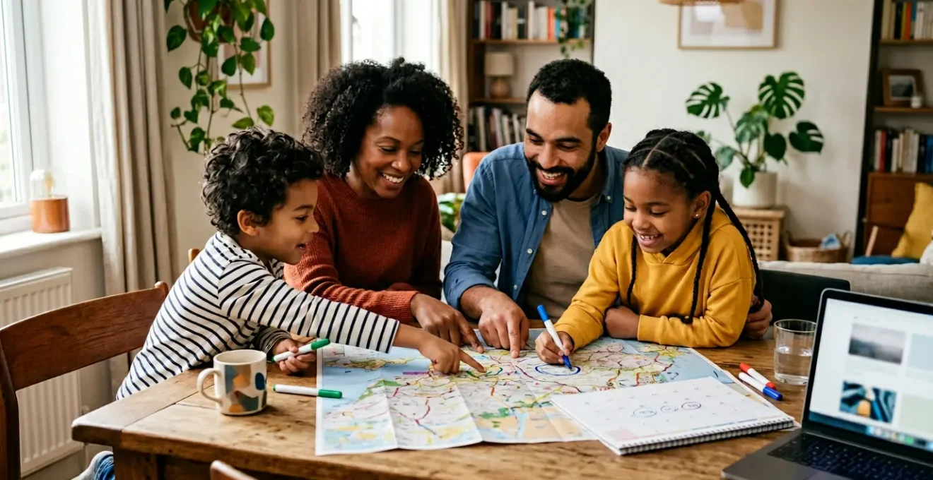 Famille souriante examinant une carte et un calendrier ensemble à la maison pour planifier leurs vacances