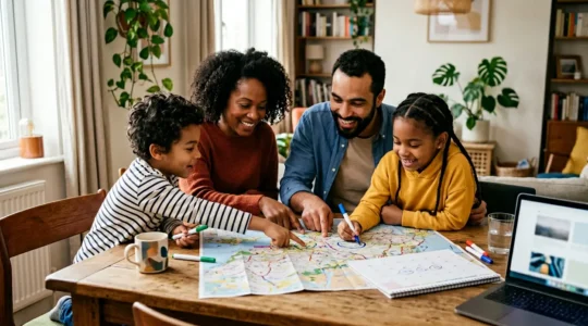 Famille souriante examinant une carte et un calendrier ensemble à la maison pour planifier leurs vacances