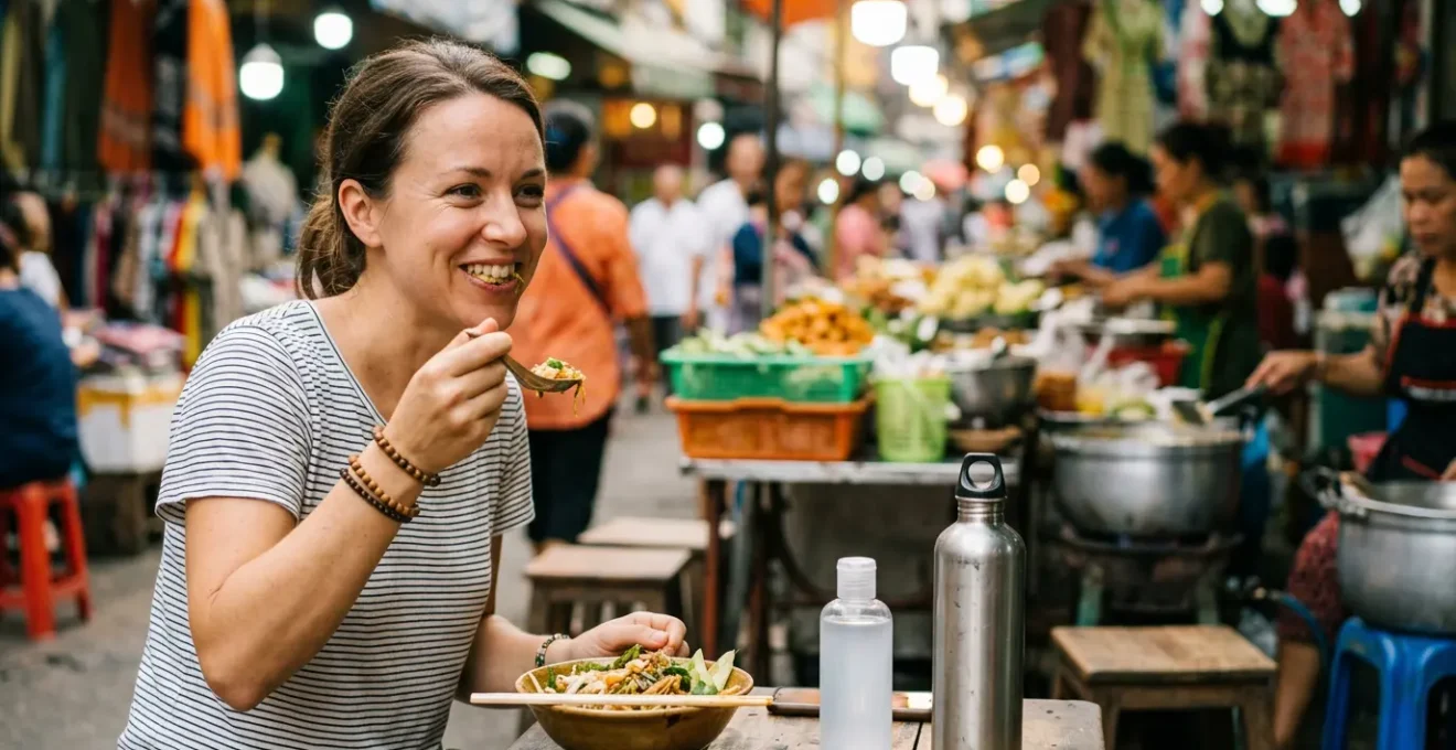 Voyageur savourant un repas local dans un marché animé, avec des précautions d'hygiène visibles