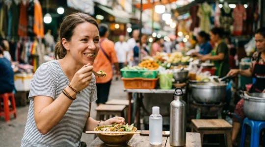 Voyageur savourant un repas local dans un marché animé, avec des précautions d'hygiène visibles
