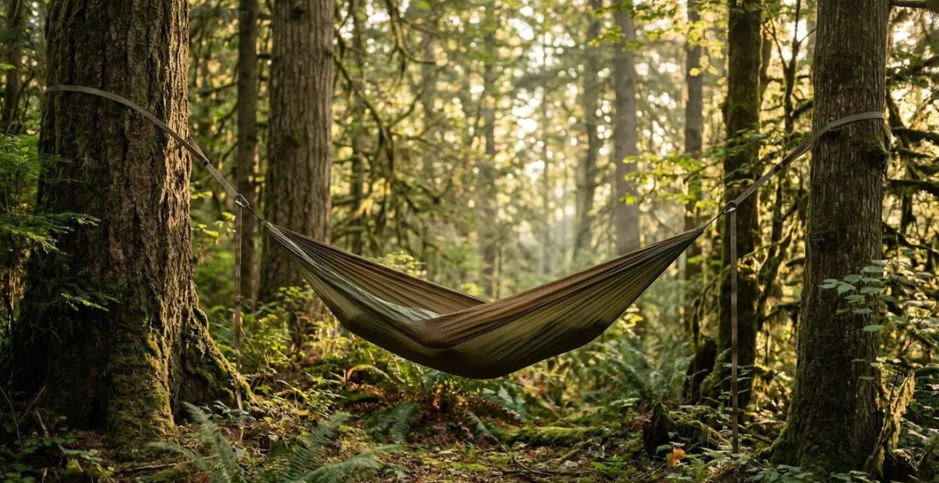 Hamac de randonnée ultraléger suspendu entre deux arbres dans une forêt au crépuscule