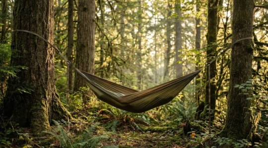 Hamac de randonnée ultraléger suspendu entre deux arbres dans une forêt au crépuscule