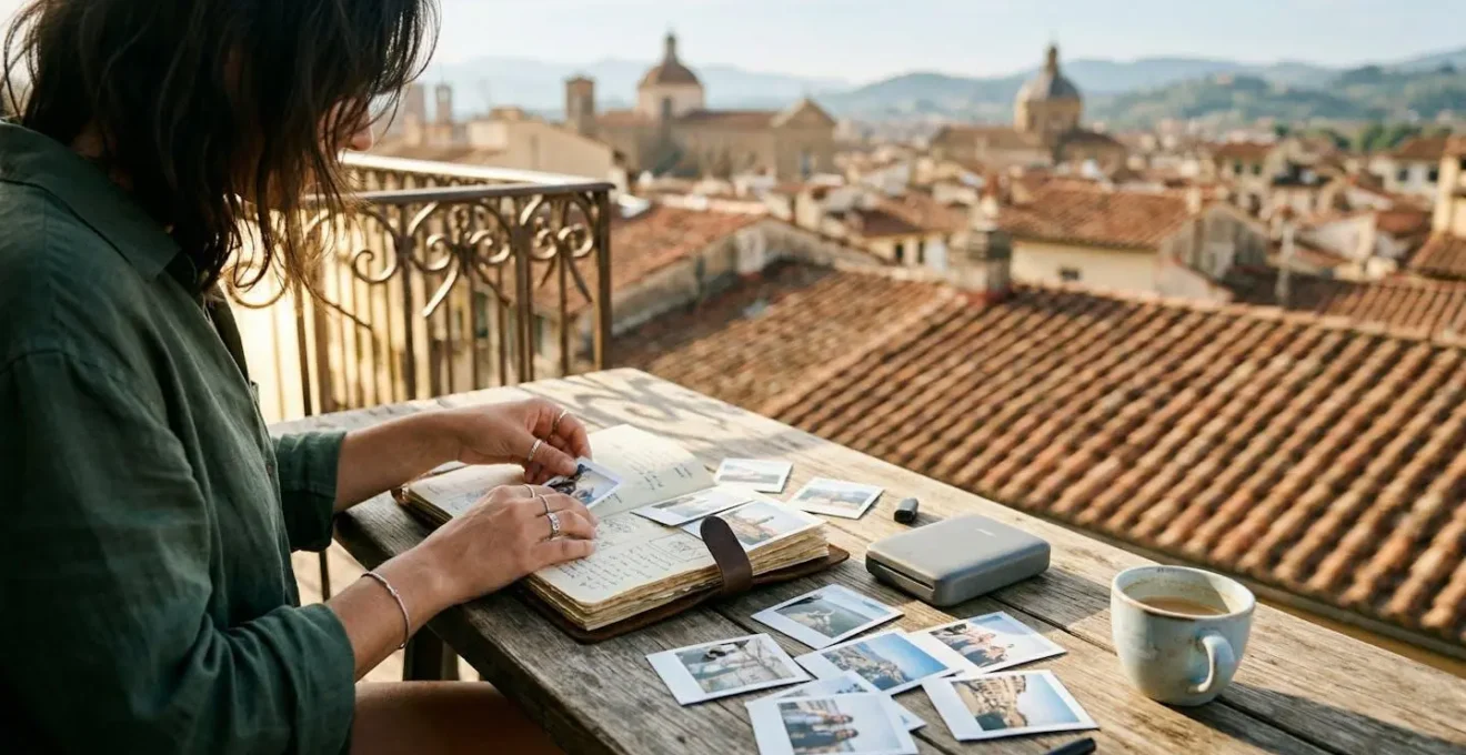 Voyageuse créant son carnet de voyage avec une imprimante portable dans un café avec vue sur une ville européenne