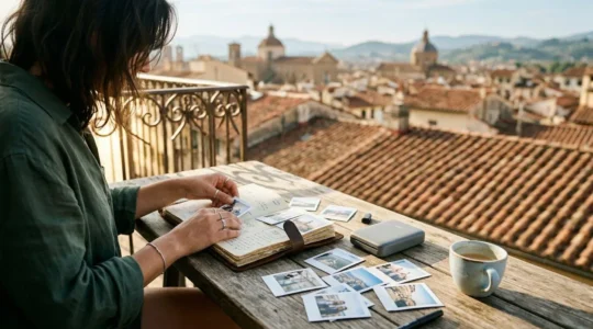 Voyageuse créant son carnet de voyage avec une imprimante portable dans un café avec vue sur une ville européenne