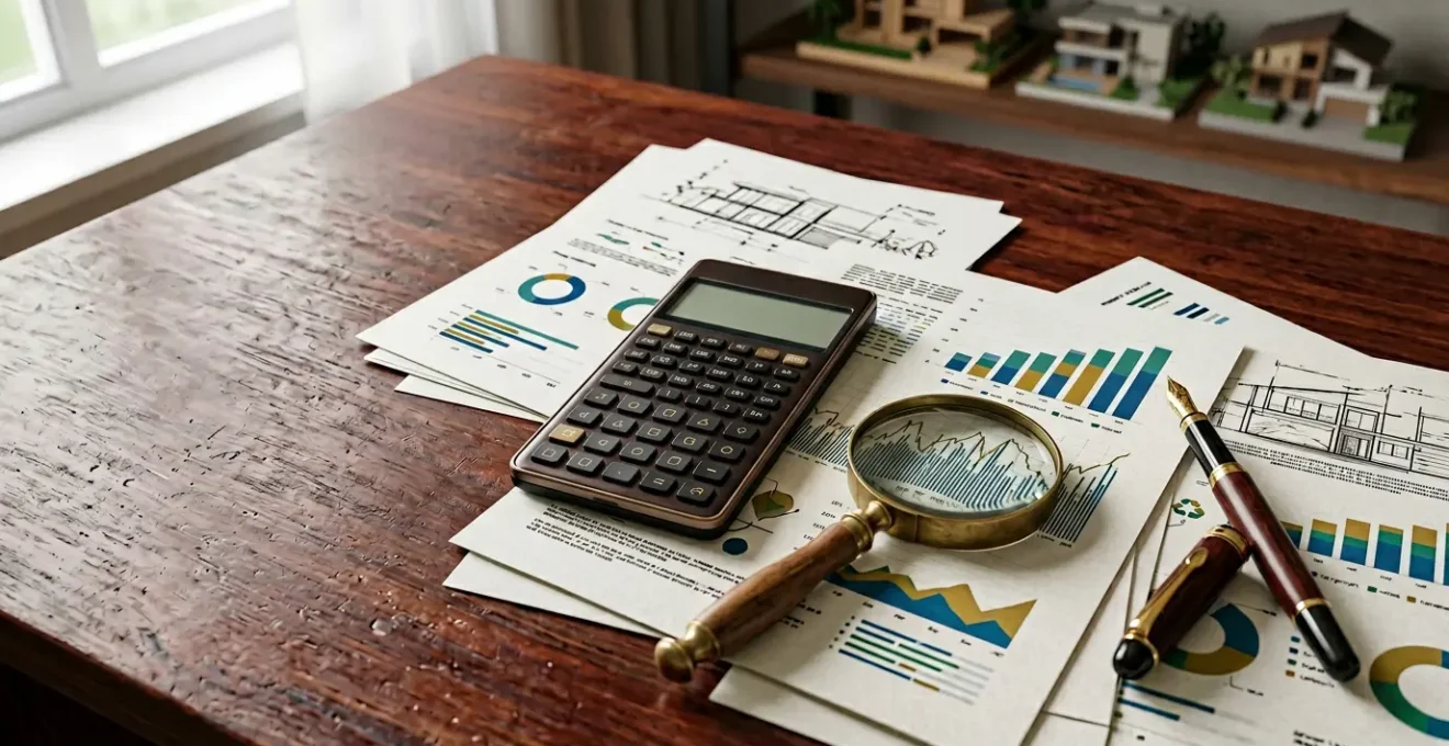 Investisseur analysant des documents de résidence tourisme avec une calculatrice et des graphiques financiers