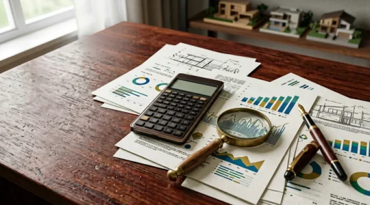 Investisseur analysant des documents de résidence tourisme avec une calculatrice et des graphiques financiers
