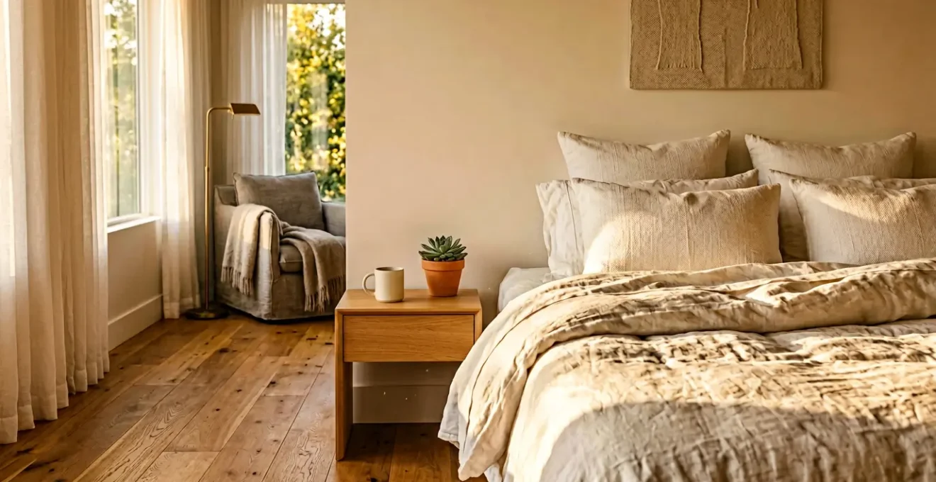 Chambre de location de vacances avec literie haut de gamme baignée par la lumière dorée du matin