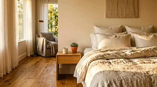 Chambre de location de vacances avec literie haut de gamme baignée par la lumière dorée du matin