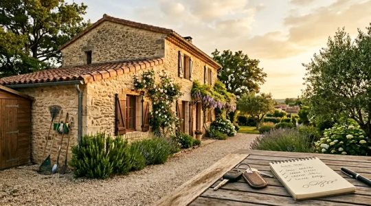 Vue extérieure d'une maison française avec volets fermés et jardin entretenu, suggérant une préparation minutieuse avant un départ en vacances