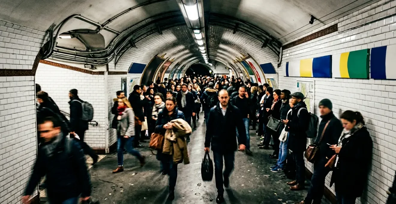 Foule dense dans un couloir du métro parisien, voyageurs vigilants protégeant leurs sacs