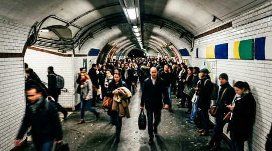 Foule dense dans un couloir du métro parisien, voyageurs vigilants protégeant leurs sacs